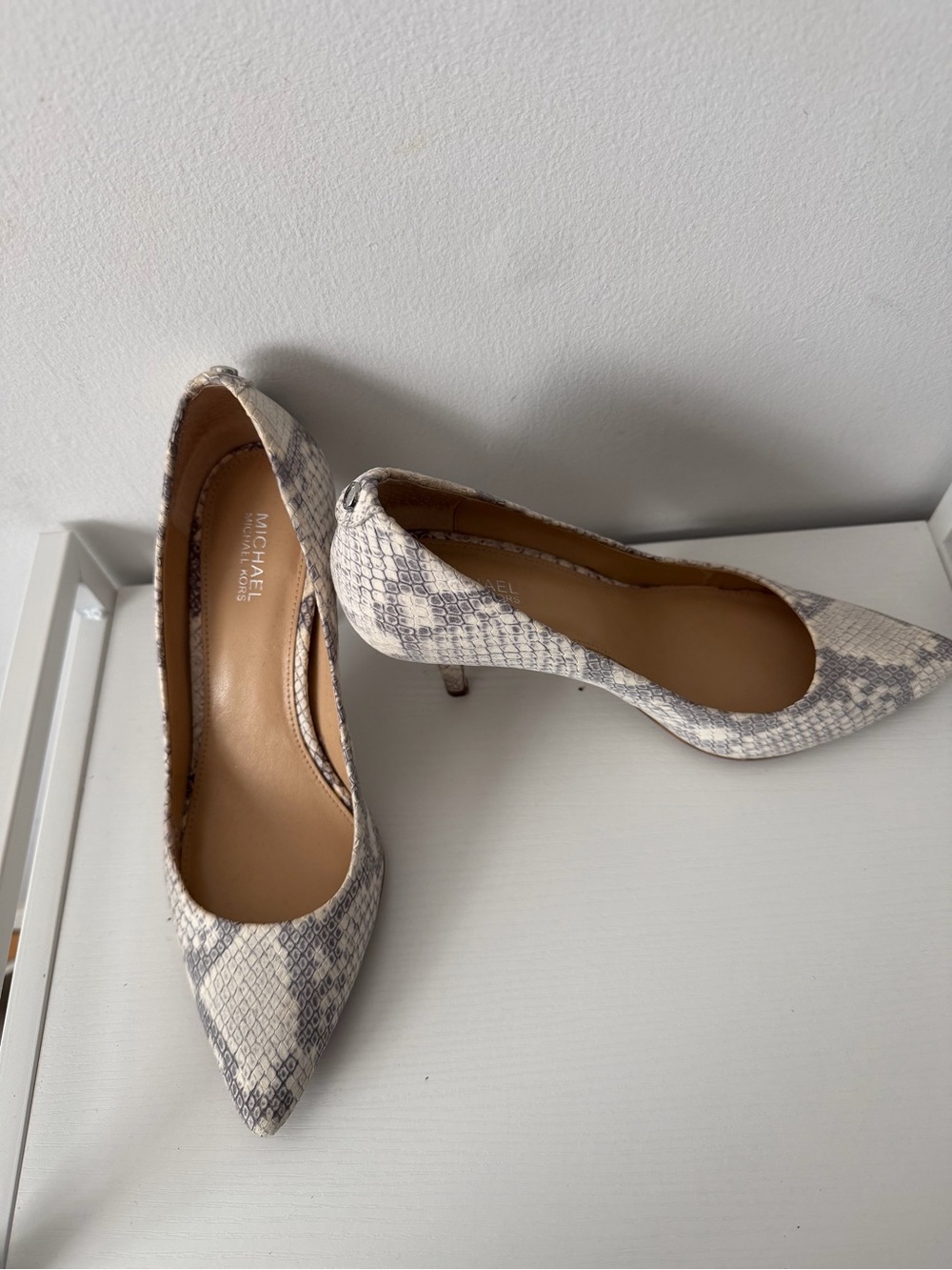Michael Kors Beige and Gray Snake-Print Pointed Toe Pumps